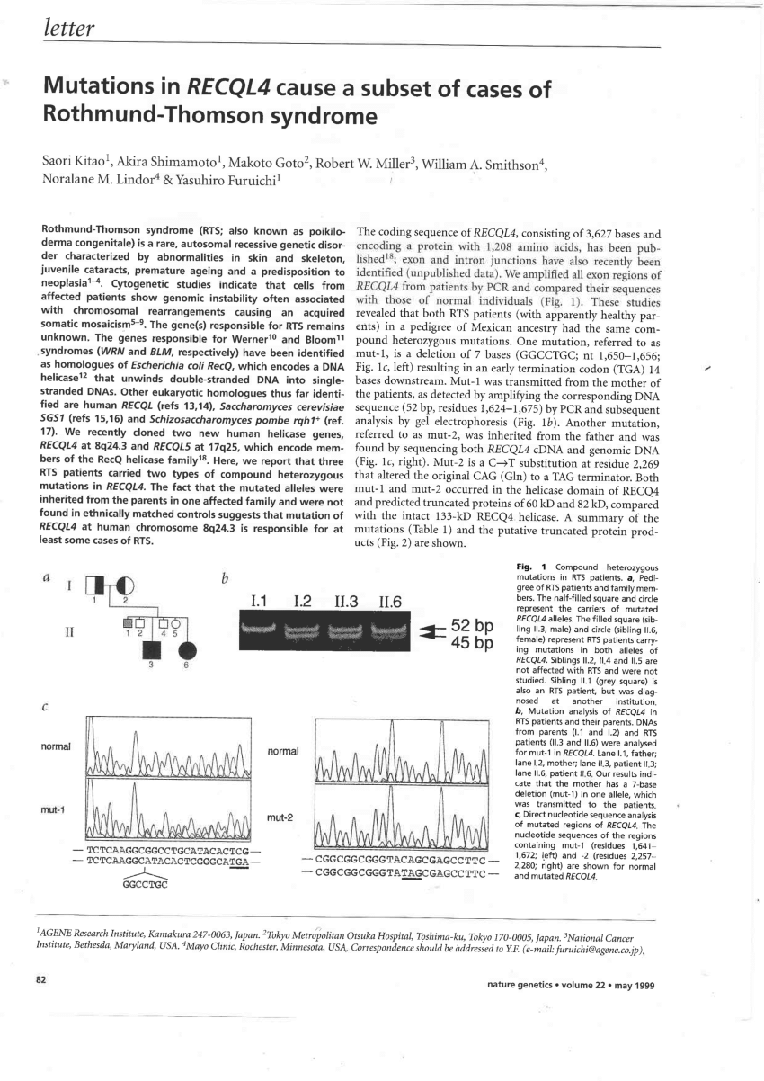 PDF) Mutations in RECQL4 cause a subset of Rothmund-Thomson syndrome