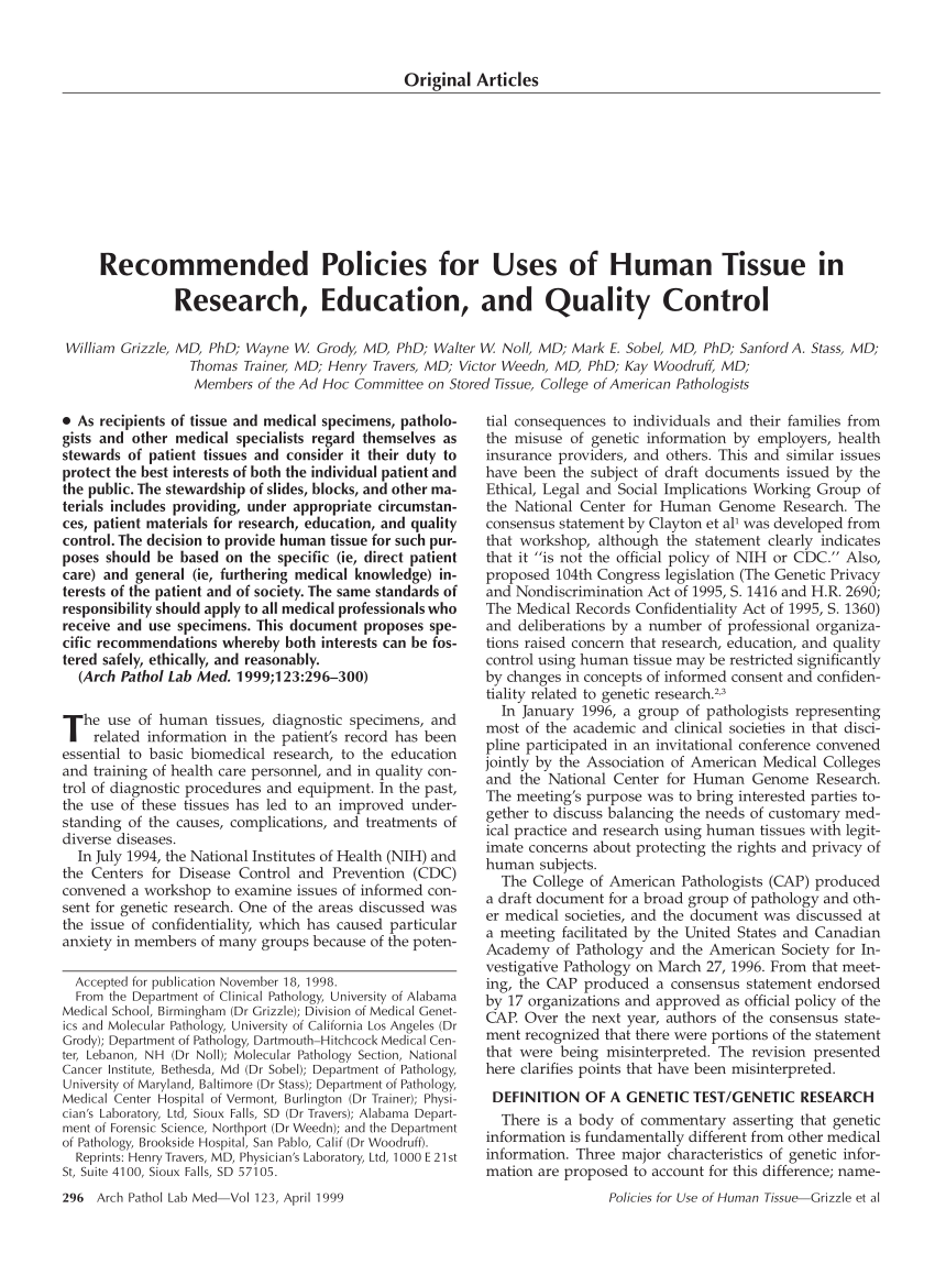 PDF) Recommended Policies for Uses of Human Tissue in Research