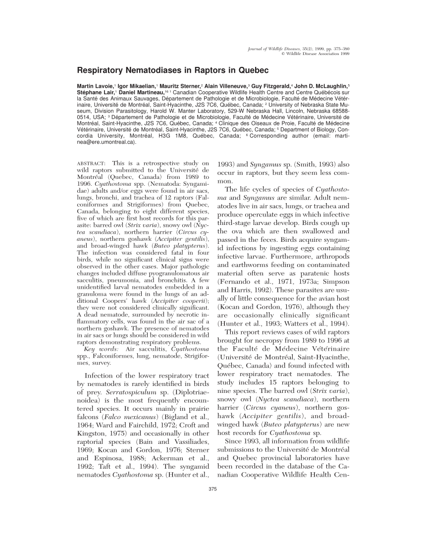 Pdf Respiratory Nematodiases In Raptors In Quebec