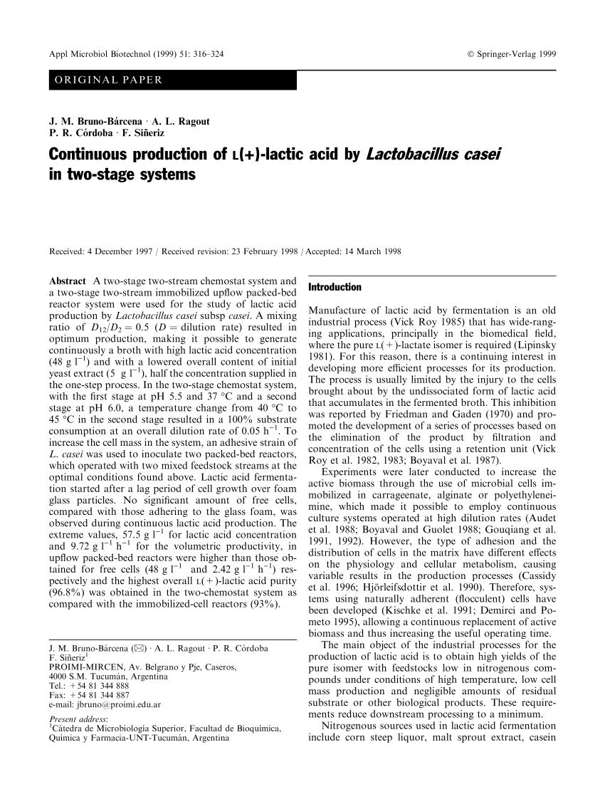 Pdf Continuous Production Of L Lactic Acid By Lactobacillus Casei In Two Stage Systems