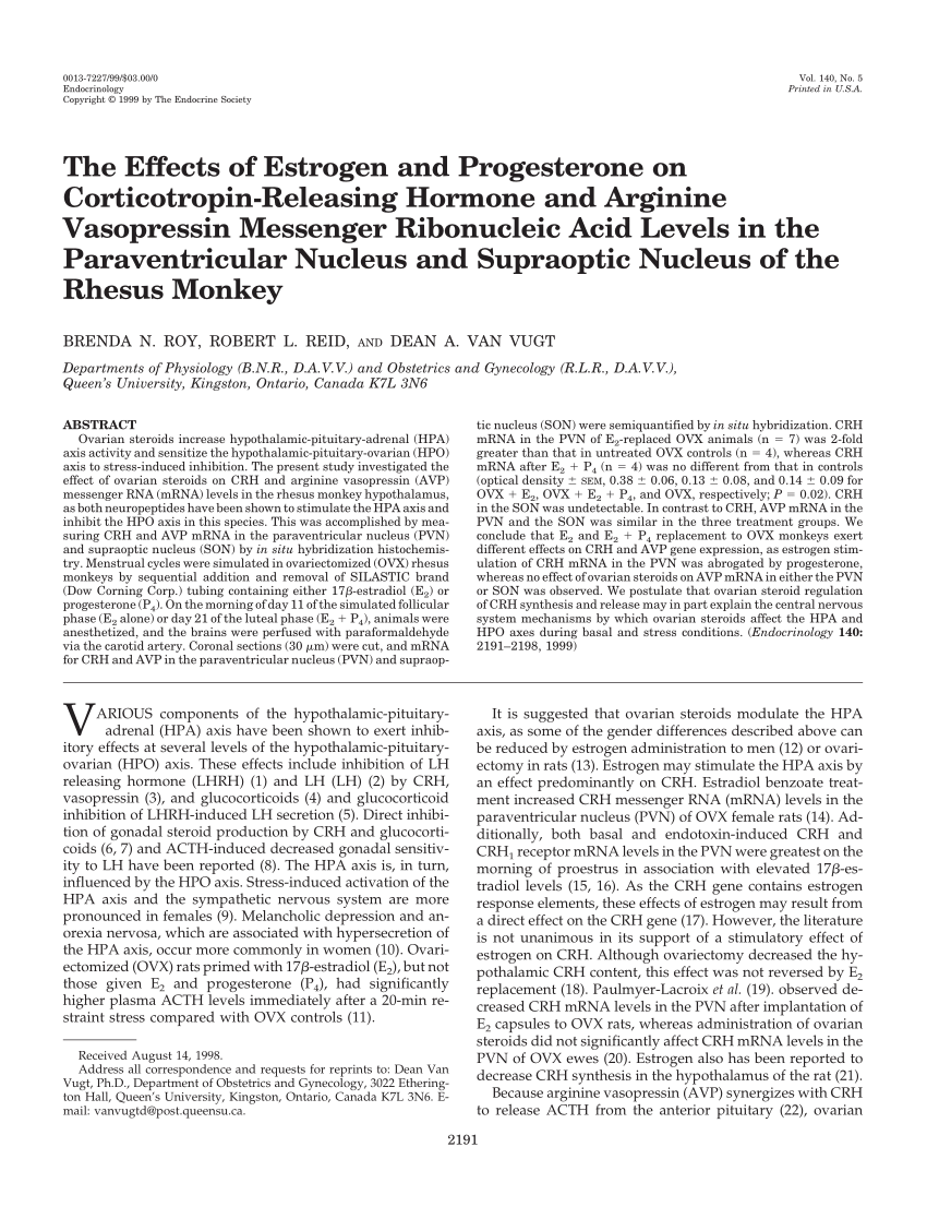 Pdf The Effects Of Estrogen And Progesterone On Corticotropin Releasing Hormone And Arginine Vasopressin Messenger Ribonucleic Acid Levels In The Paraventricular Nucleus And Supraoptic Nucleus Of The Rhesus Monkey