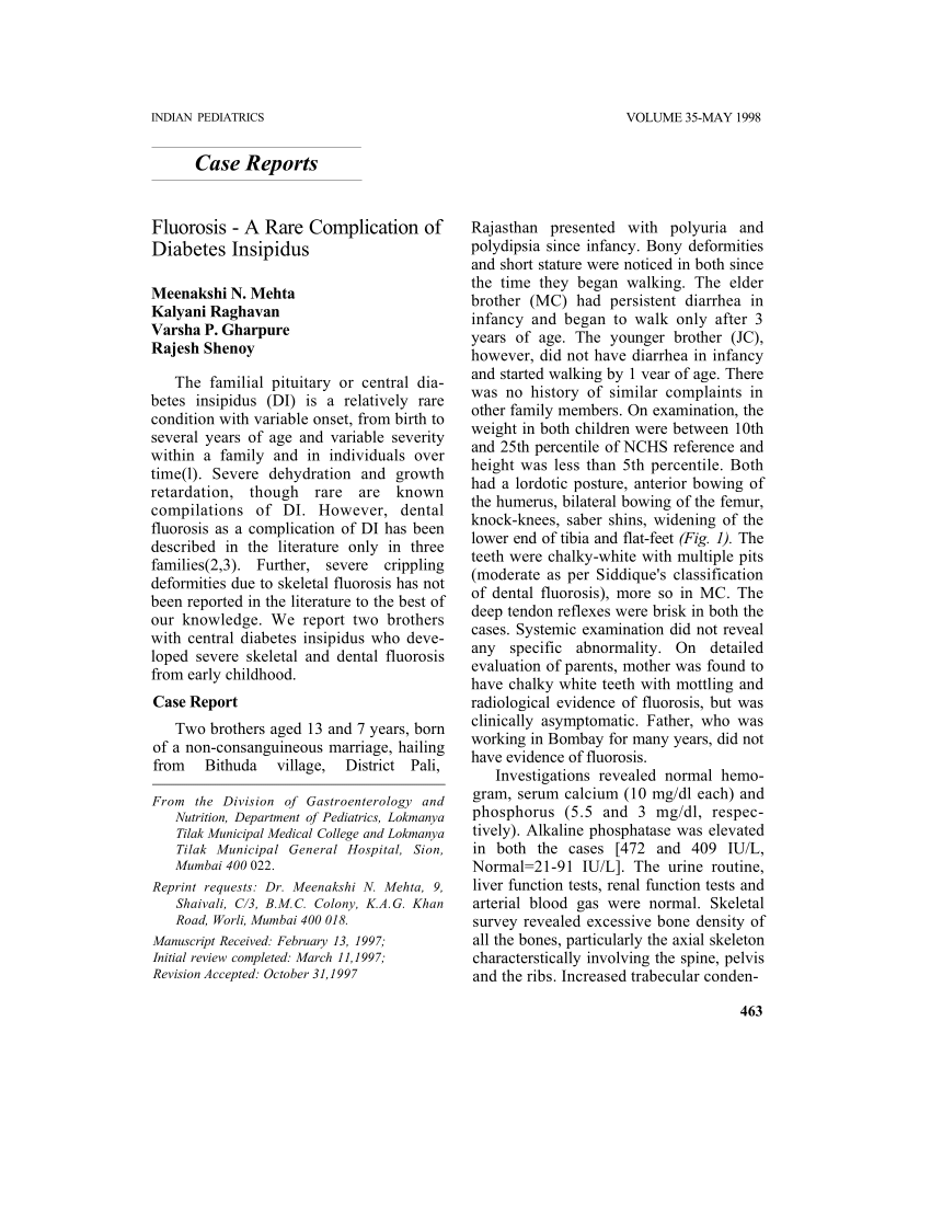  PDF Fluorosis a rare complication  of diabetes  insipidus 