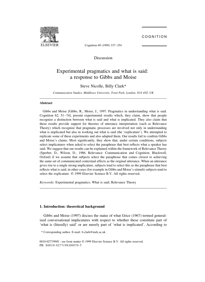 PDF) Experimental Pragmatics and What Is Said: A Response to Gibbs
