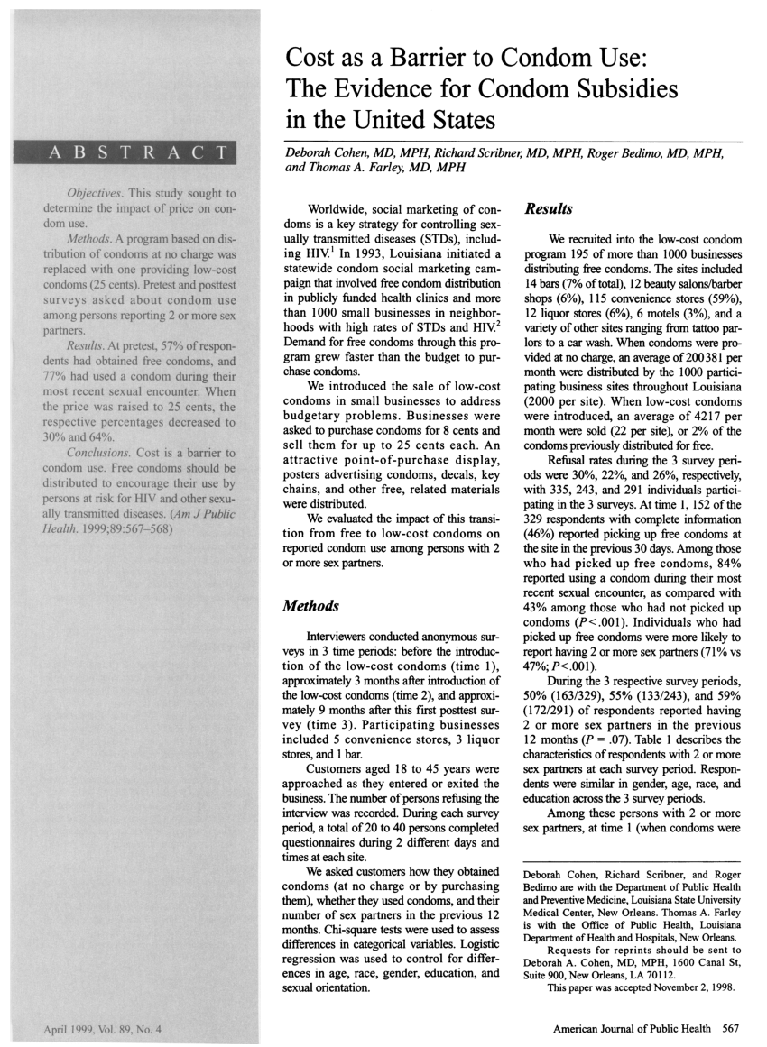 Pdf Cost As A Barrier To Condom Use The Evidence For Condom Subsidies In The United States