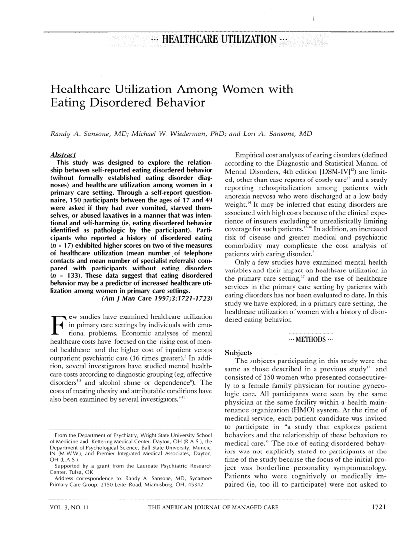 Pdf Health Care Utilization Among With Eating Disordered Behavior