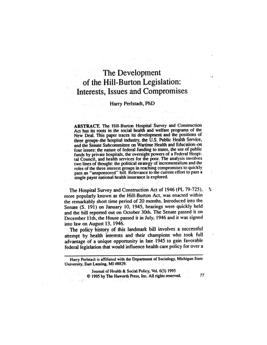 PDF The development of the Hill Burton legislation interests