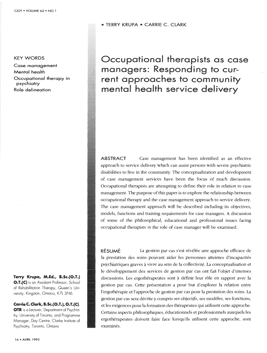 occupational therapy case study mental health