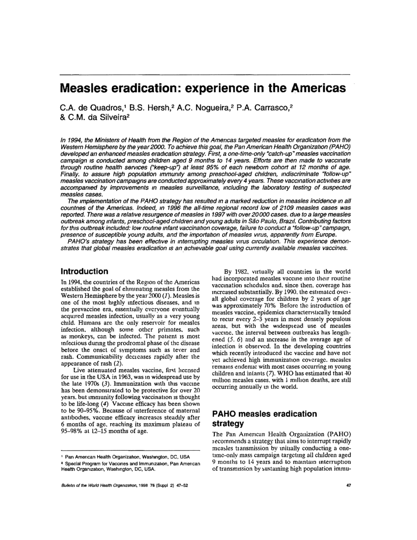 PDF Measles eradication Experience in the Americas