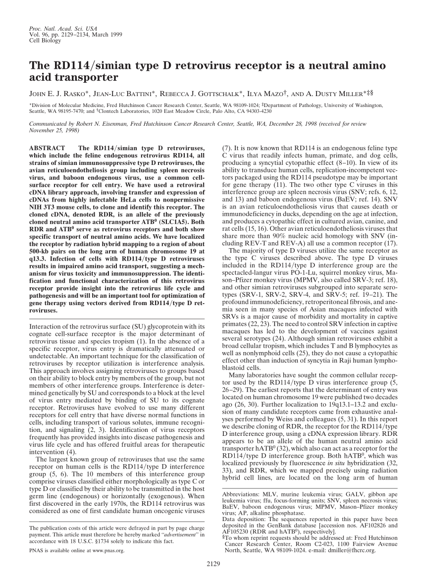 (PDF) The RD114 simian type D retrovirus receptor is a neutral amino