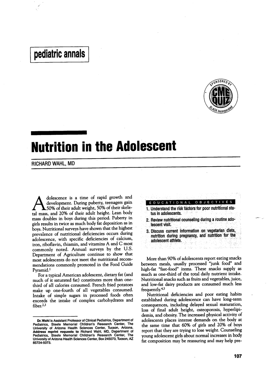 PDF) Nutrition in the Adolescent