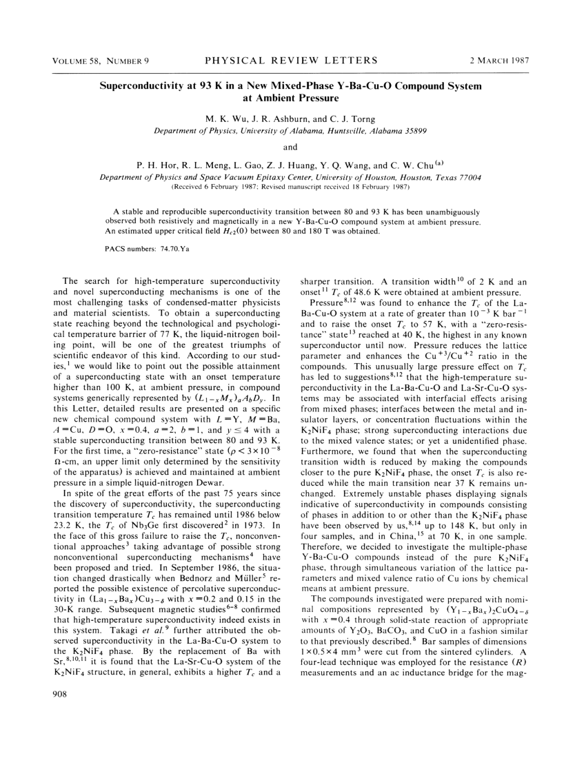 Pdf Superconductivity At 93 K In A New Mixed Phase Y Ba Cu O Compound System At Ambient Pressure