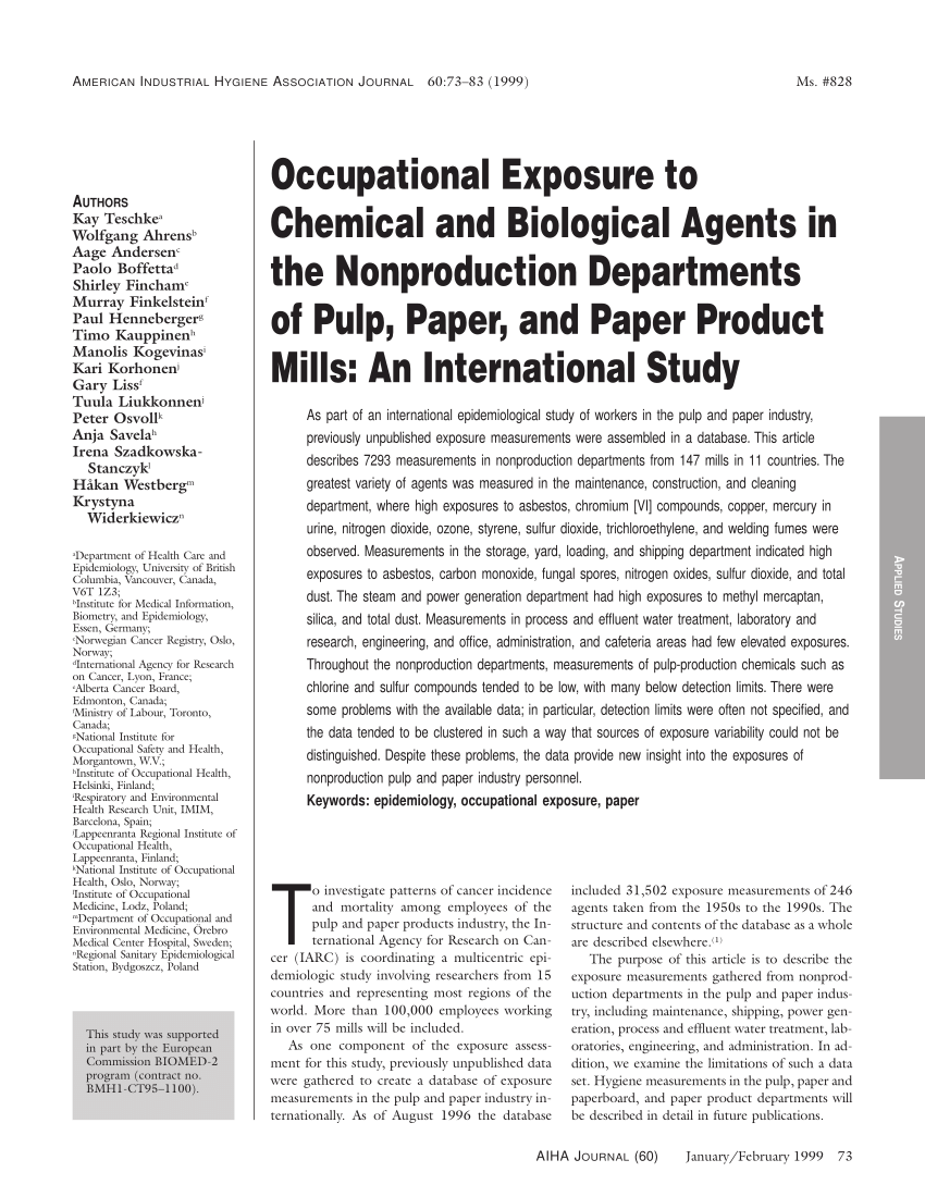 Pdf Occupational Exposure To Chemical And Biological Agents In The Nonproduction Departments Of Pulp Paper And Paper Product Mills An International Study