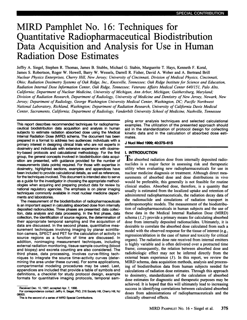 PDF) MIRD pamphlet no. 16: Techniques for quantitative radiopharmaceutical  biodistribution data acquisition and analysis for use in human radiation  dose estimates