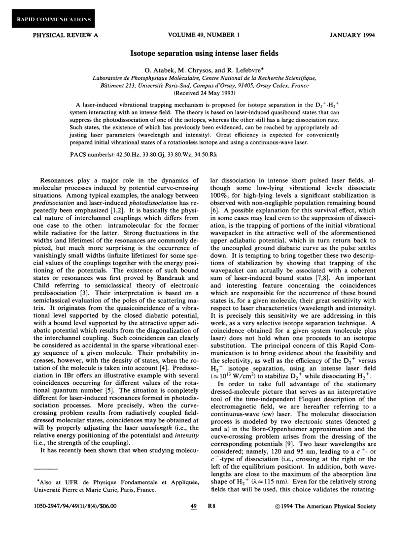 Pdf Isotope Separation Using Intense Laser Fields