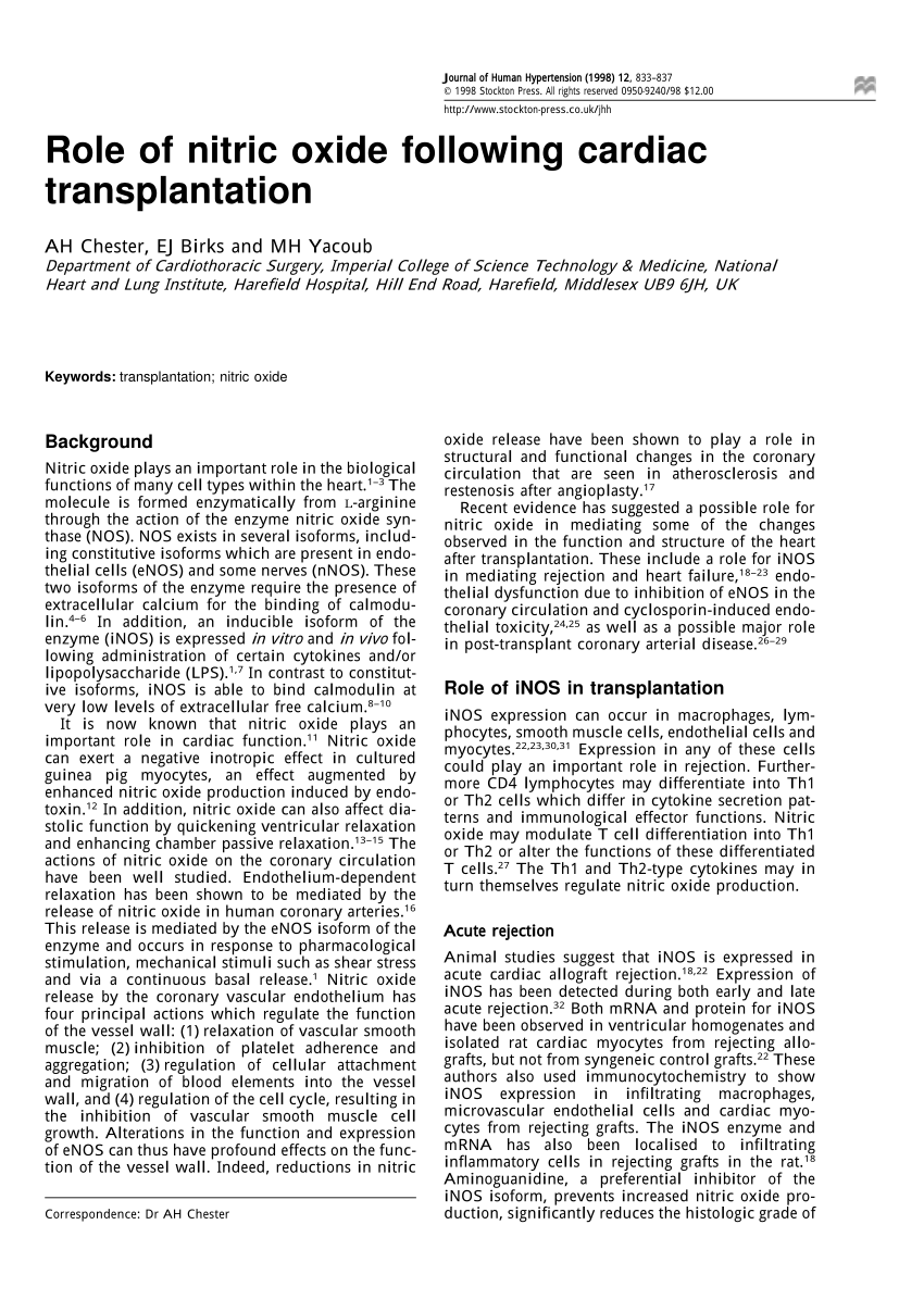 (PDF) Role of nitric oxide following cardiac transplantation