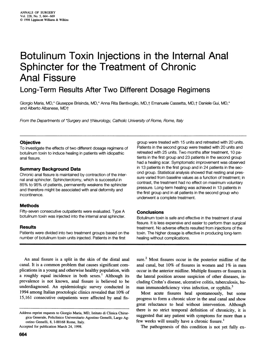 Pdf Botulinum Toxin Injections In The Internal Anal Sphincter For The Treatment Of Chronic Anal Fissure Long Term Results After Two Different Dosage Regimens