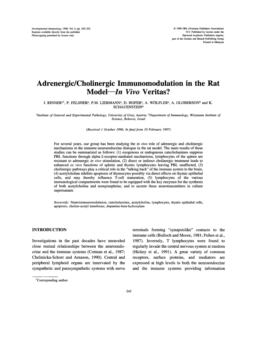 Pdf Adrenergic Cholinergic Immunomodulation In The Rat Model In Vivo Veritas