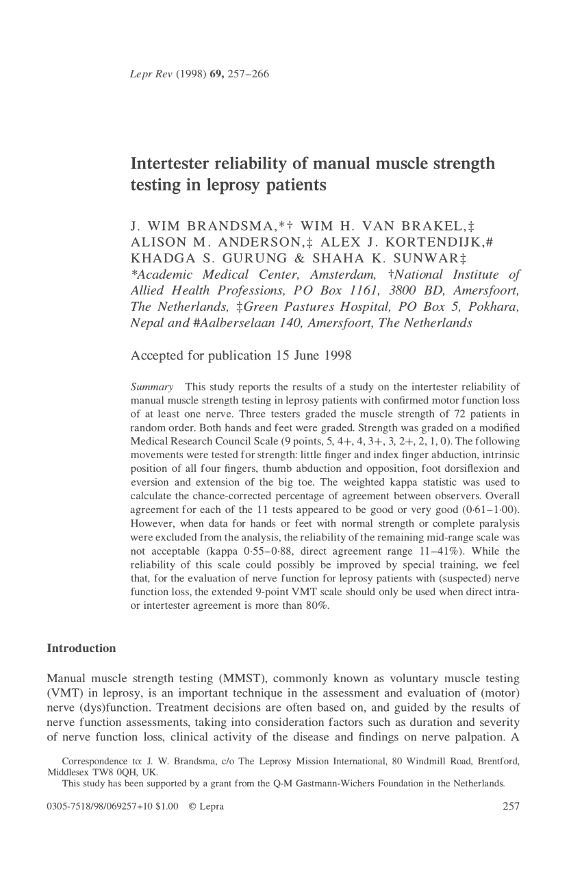 Pdf Intertester Reliability Of Manual Muscle Strength Testing In Leprosy Patients
