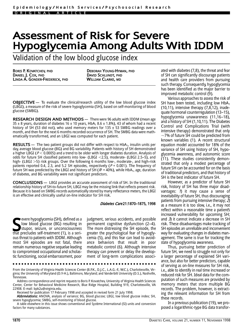 PDF Assessment of risk for severe hypoglycemia among adults with IDDM