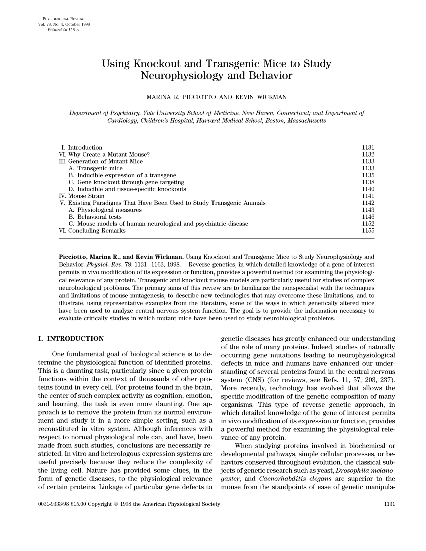 Pdf Using Knockout And Transgenic Mice To Study Physiology And Behavior