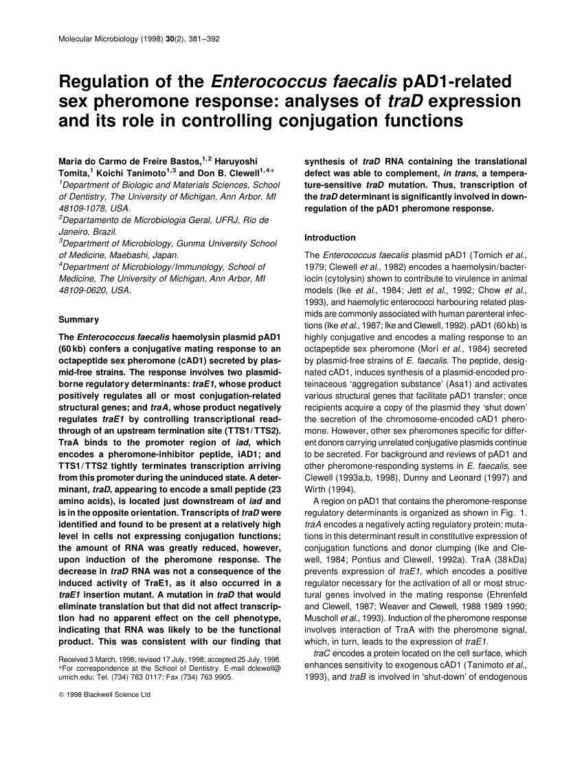 Pdf Regulation Of The Enterococcus Faecalis Pad1 Related Sex Pheromone Response Analyses Of 4160