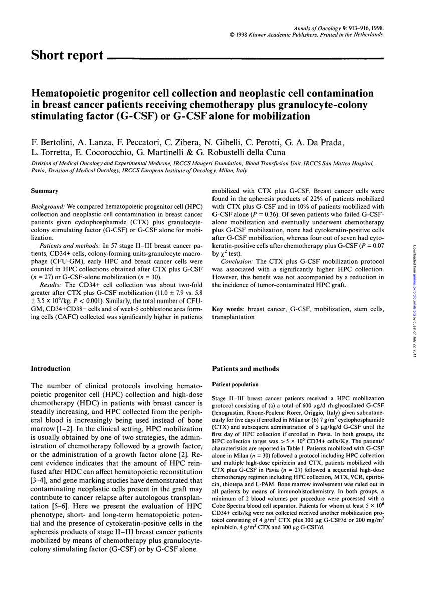Pdf Hematopoietic Progenitor Cell Collection And Neoplastic Cell Contamination In Breast Cancer Patients Receiving Chemotherapy Plus Granulocyte Colony Stimulating Factor G Csf Or G Csf Alone For Mobilization