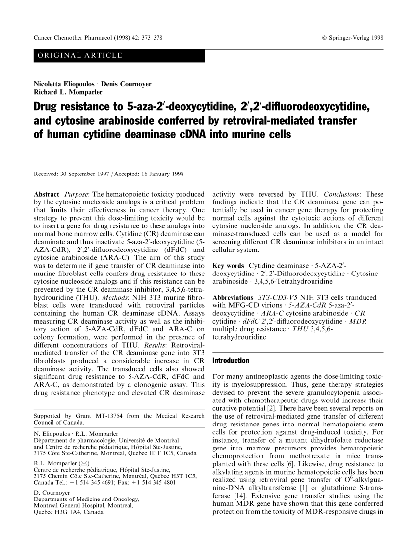 Pdf Drug Resistance To 5 Aza 2 Deoxycytidine 2 2 Difluorodeoxycytidine And Cytosine Arabinoside Conferred By Retroviral Mediated Transfer Of Human Cytidine Deaminase Cdna Into Murine Cells