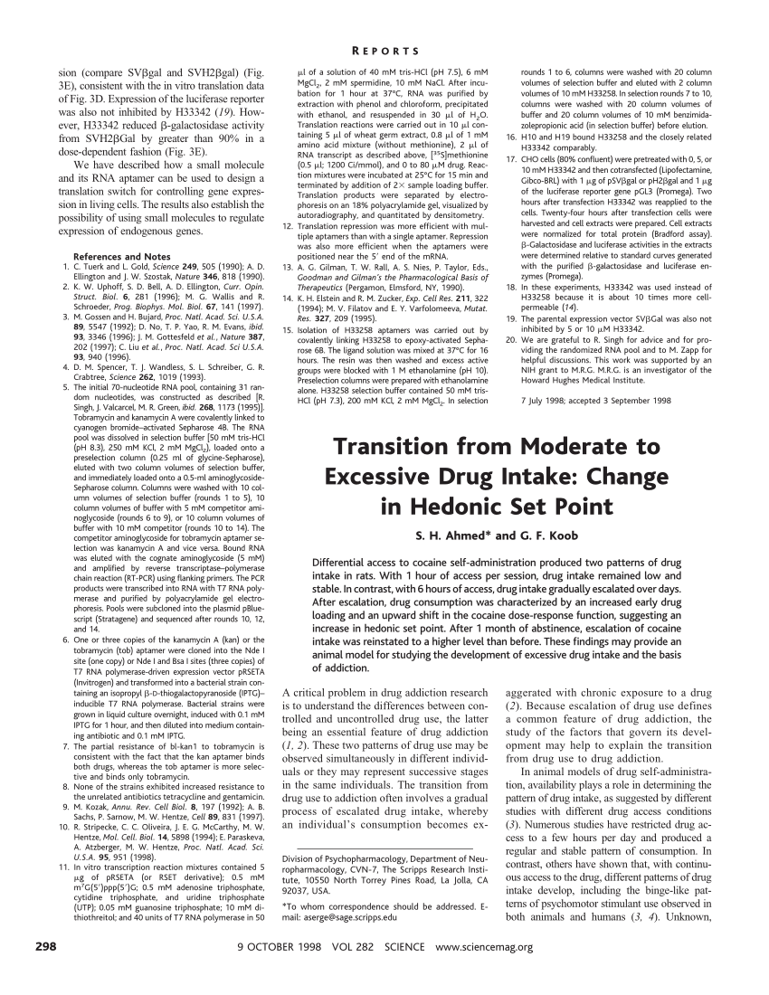 Pdf Transition From Moderate To Excessive Drug Intake Change In Hedonic Set Point
