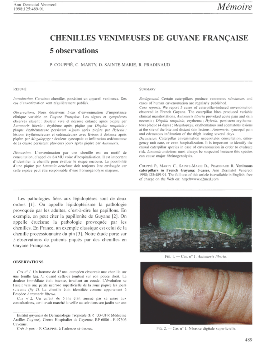 Pdf Poisonous Caterpillars In French Guyana 5 Cases