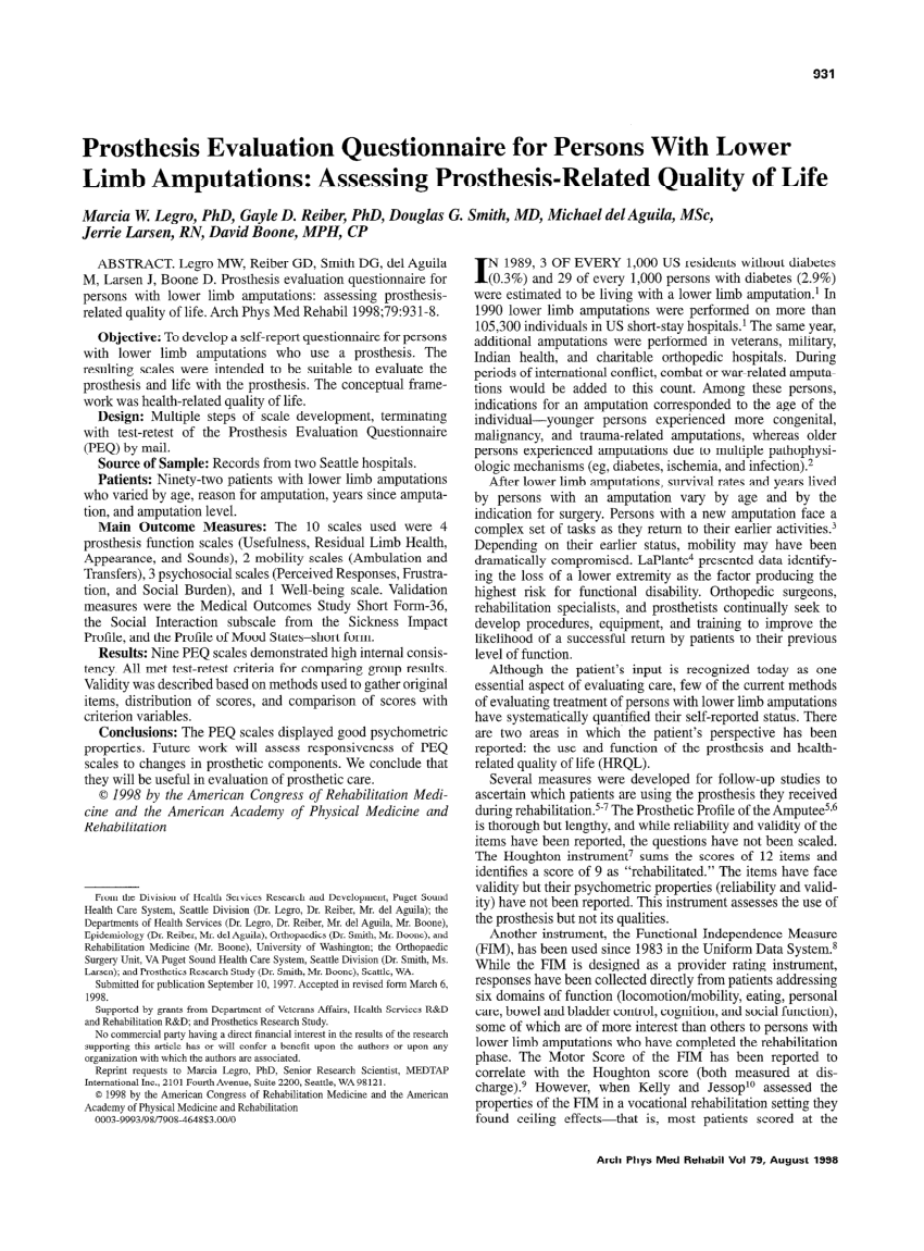 Pdf Prosthesis Evaluation Questionnaire For Persons With Lower Limb Amputations Assessing Prosthesis Related Quality Of Life