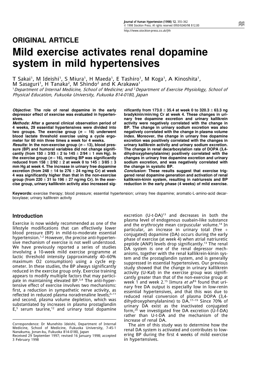 Pdf Mild Exercise Activates Renal Dopamine System In Mild