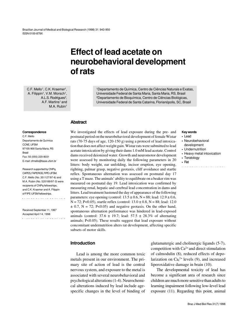 (PDF) Effect of lead acetate on neurobehavioral development of rats