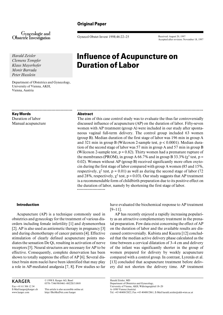 Pdf Influence Of Acupuncture On Duration Of Labor