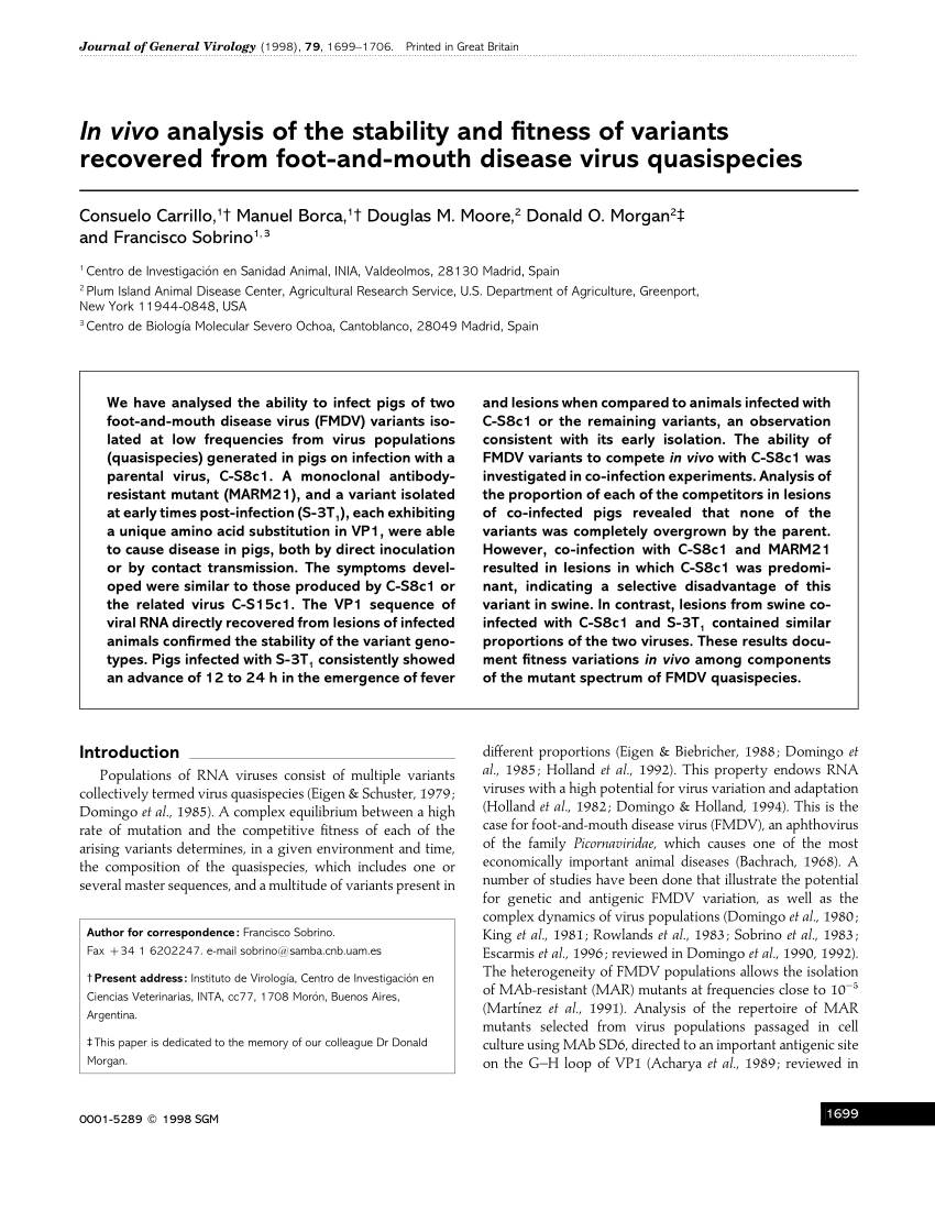 Pdf In Vivo Analysis Of The Stability And Fitness Of Variants Recovered From Foot And Mouth Disease Virus Quasispecies