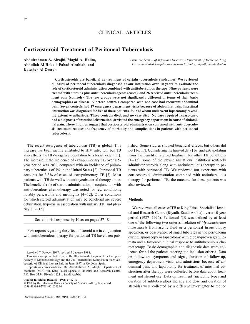 Pdf Corticosteroid Treatment Of Peritoneal Tuberculosis