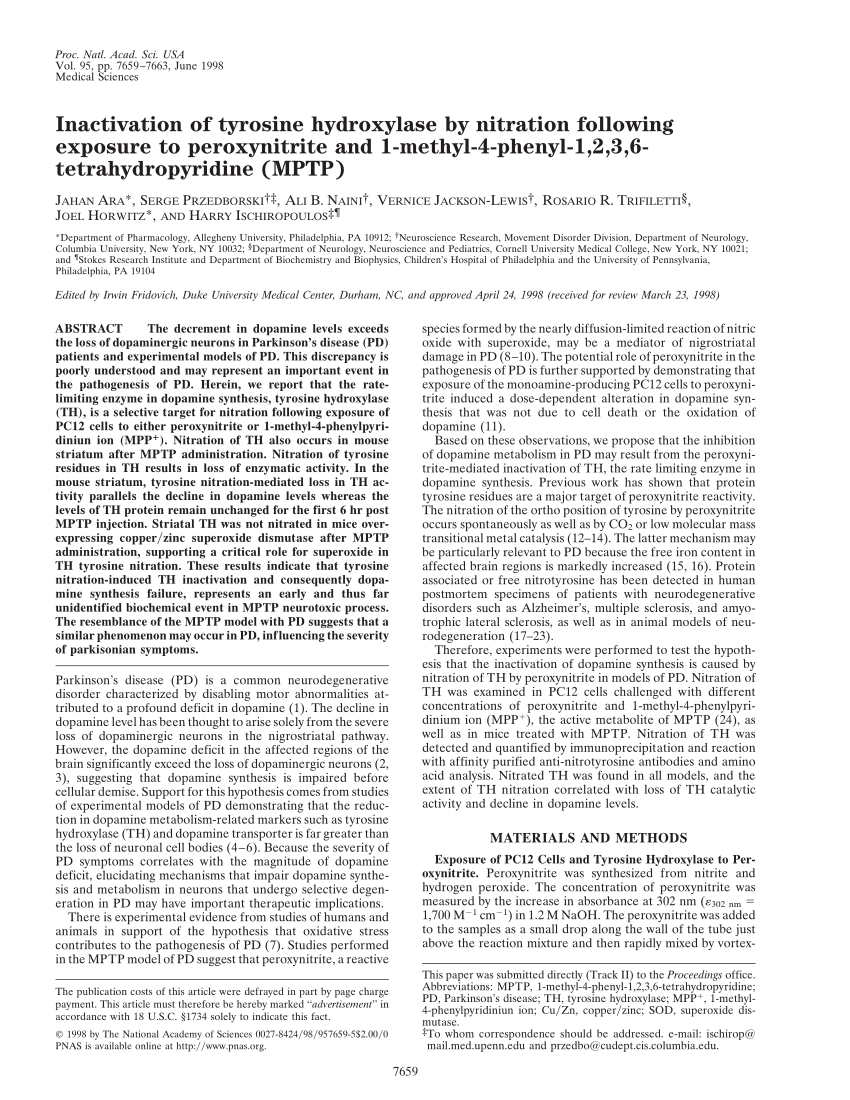 PDF) Inactivation of Tyrosine Hydroxylase by Nitration Following Exposure  to Peroxynitrite and 1-methyl-4-phenyl-1,2,3,6-tetrahydropyridine (MPTP)