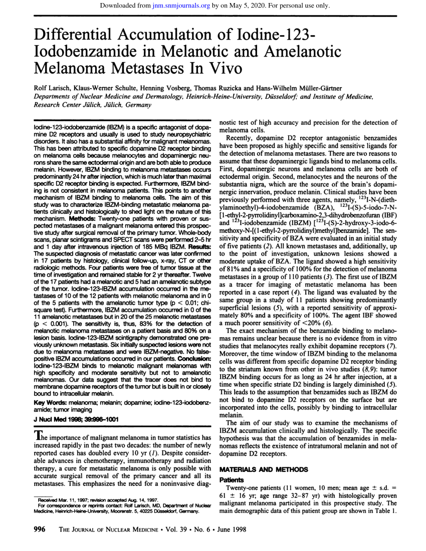Pdf Differential Accumulation Of Iodine 123 Iodobenzamide In Melanotic And Amelanotic Melanoma Metastases In Vivo