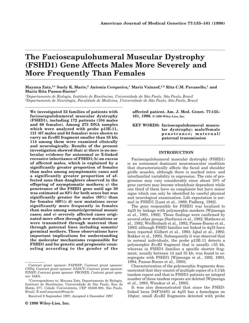 Pdf The Facioscapulohumeral Muscular Dystrophy Fshd1 Gene Affects Males More Severely And 2895