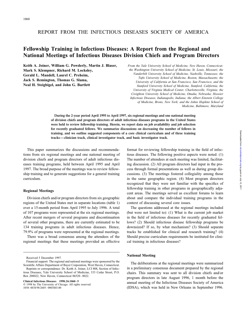 Pdf Fellowship Training In Infectious Diseases A Report From The Regional And National 