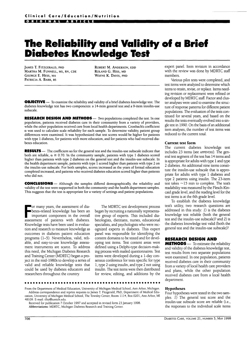 michigan diabetes knowledge test)
