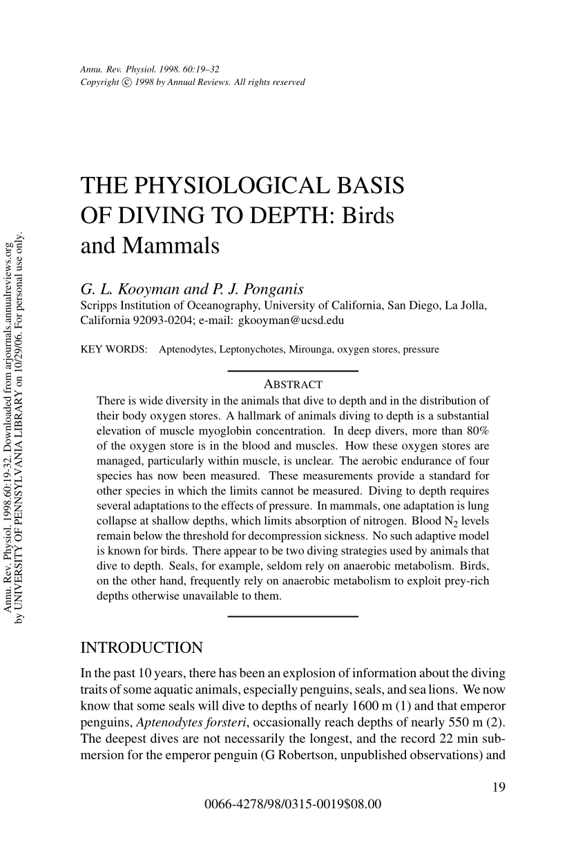 Pdf The Physiological Basis Of Diving To Depth Birds And Mammals