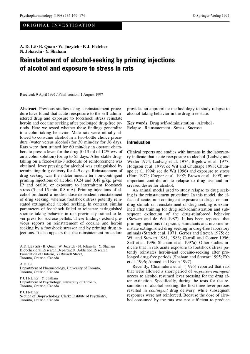 Pdf Le Ad Quan B Juzytch W Fletcher Pj Joharchi N Shaham Y Reinstatement Of Alcohol Seeking By Priming Injections Of Alcohol And Exposure To Stress In Rats Psychopharmacology Berl 135 169 174