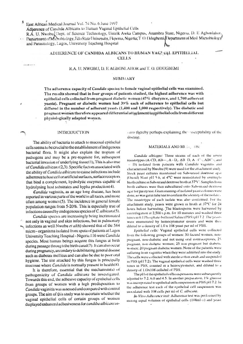 Pdf Adherence Of Candida Albicans To Human Vaginal Epithelial Cells 