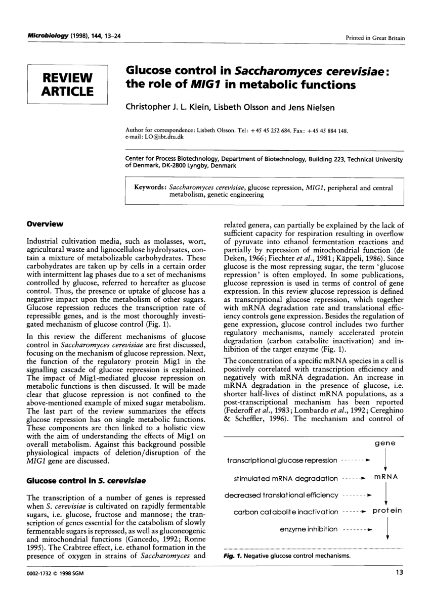 Pdf Glucose Control In Saccharomyces Cerevisiae The Role Of Mig1 In Metabolic Functions