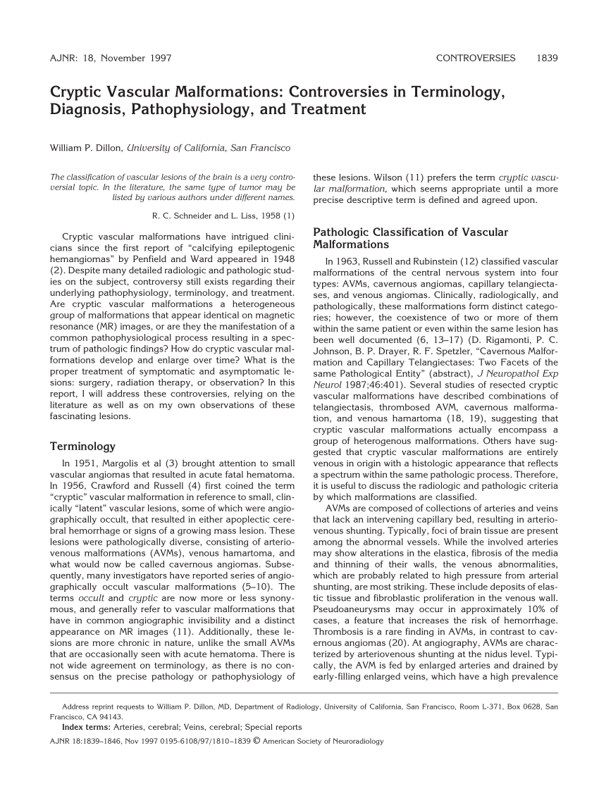 Pdf Cryptic Vascular Malformations Controversies In Terminology Diagnosis Pathophysiology And Treatment