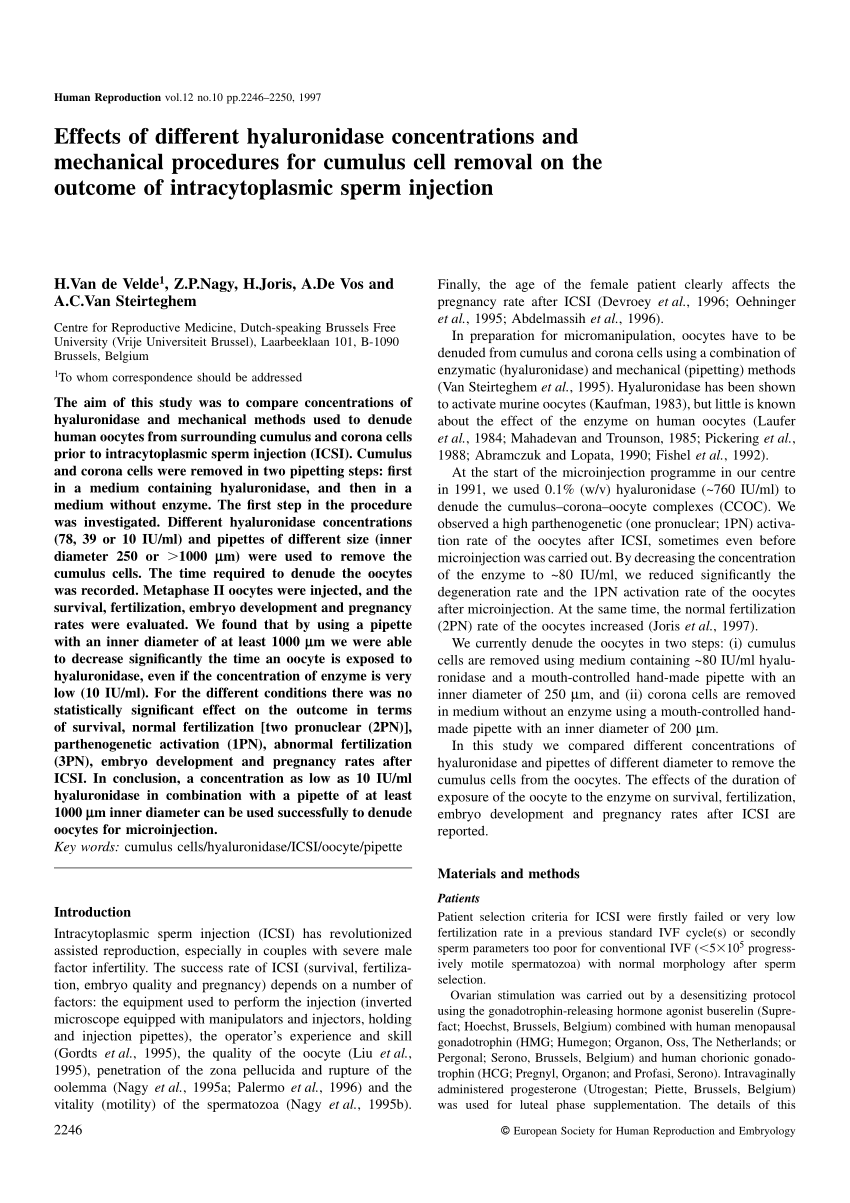 Pdf Effects Of Different Hyaluronidase Concentrations And Mechanical Procedures For Cumulus Cell Removal On The Outcome Of Intracytoplasmic Injection