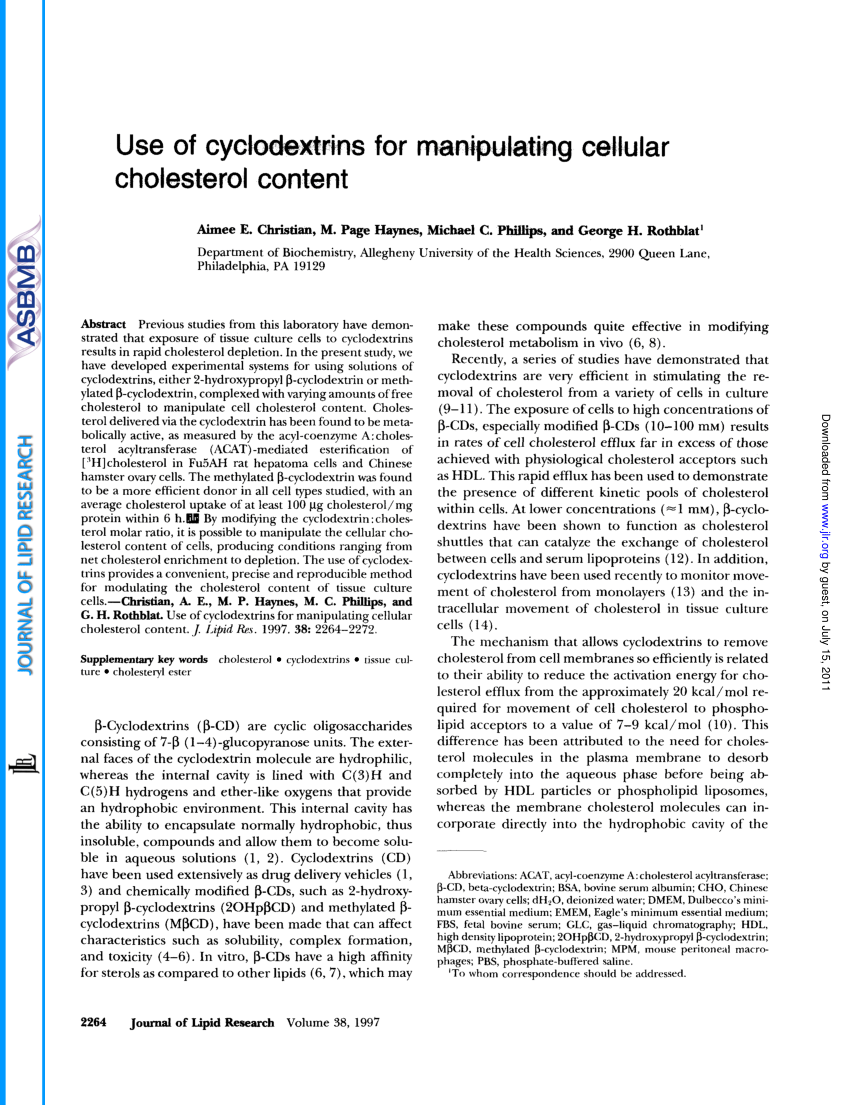 Pdf Use Of Cyclodextrins For Manipulating Cellular Cholesterol Content