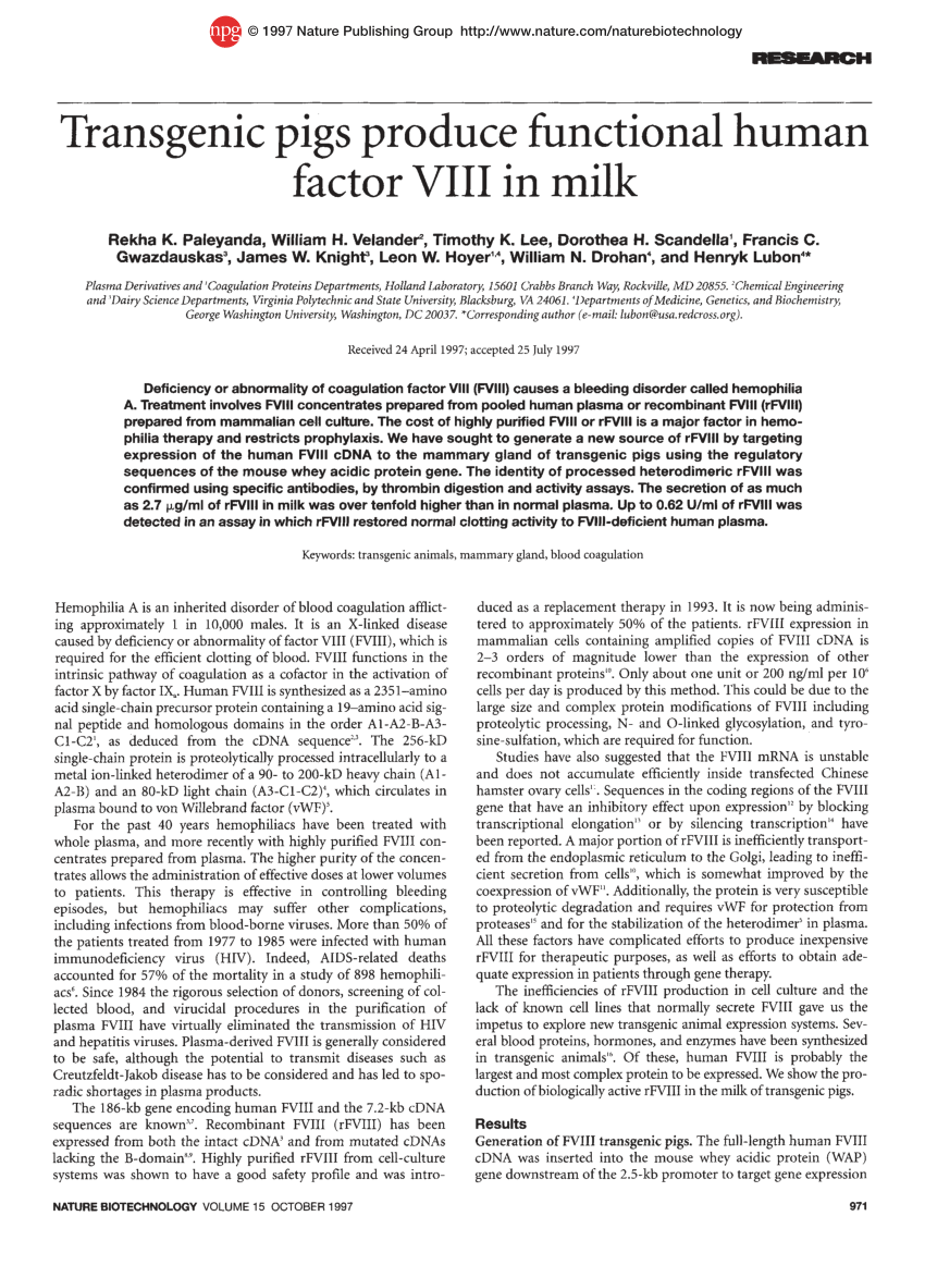 Pdf Transgenic Pigs Produce Functional Human Factor Viii In Milk