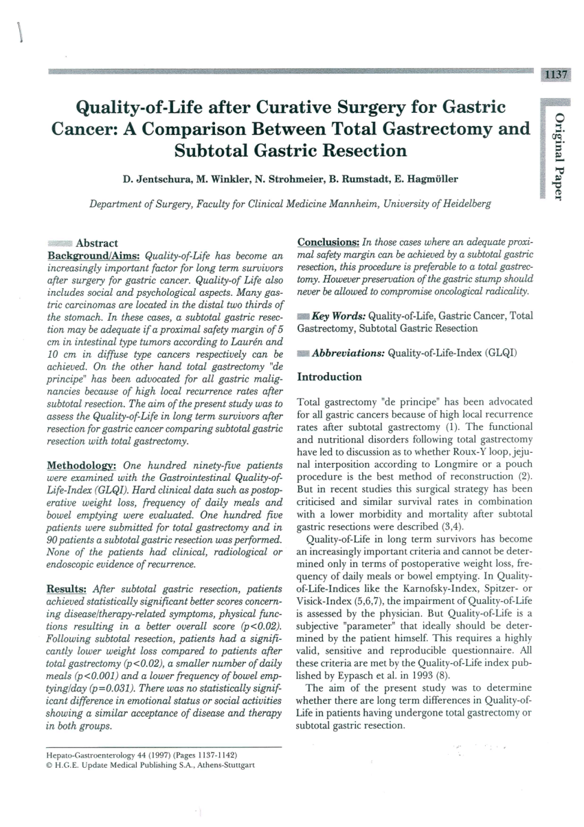 Pdf Quality Of Life After Curative Surgery For Gastric Cancer A Comparison Between Total Gastrectomy And Subtotal Gastric Resection