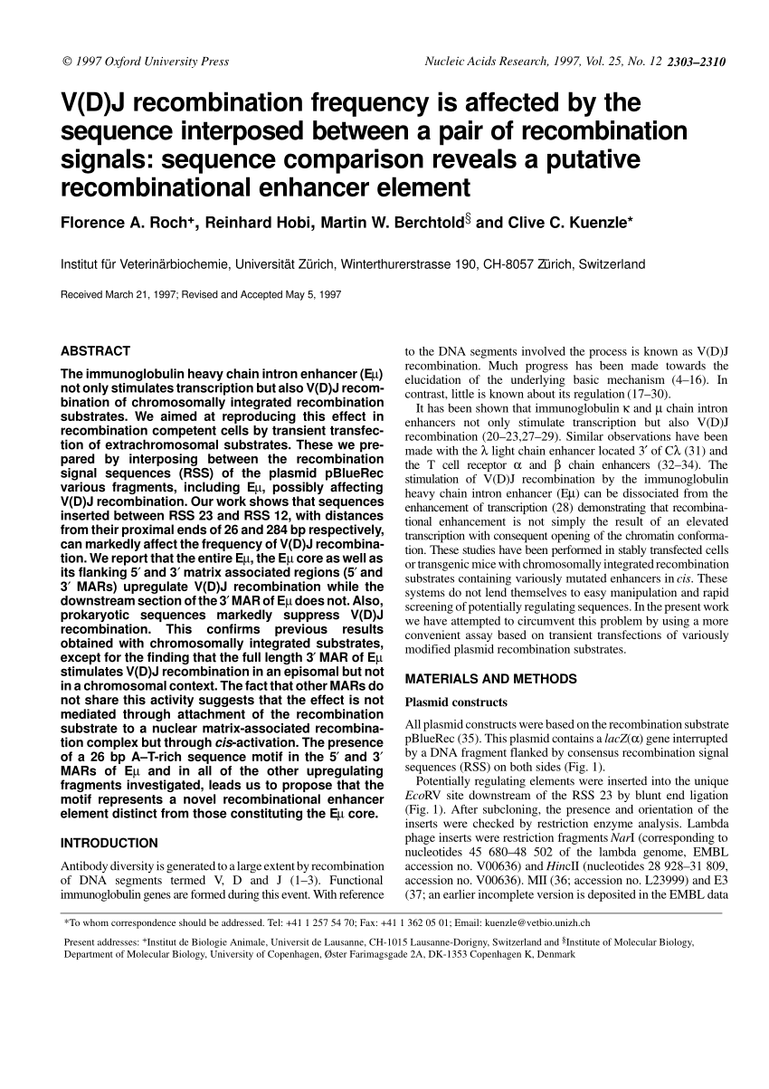 Pdf V D J Recombination Frequency Is Affected By The Sequence Interposed Between A Pair Of Recombination Signals Sequence Comparison Reveals A Putative Recombinational Enhancer Element